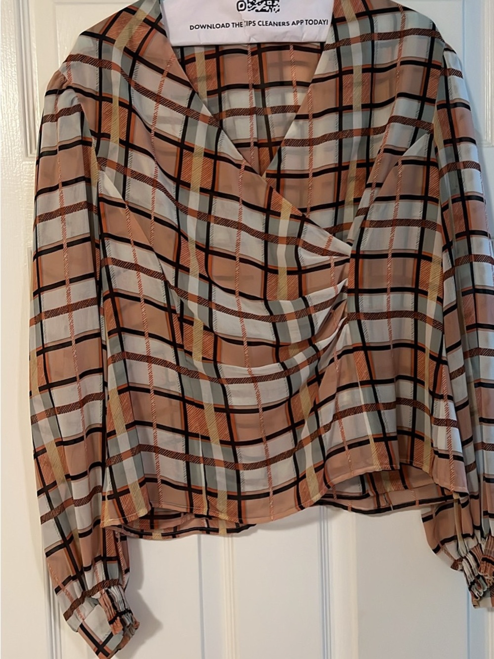CAbi Beige and Black Plaid Wrap Blouse